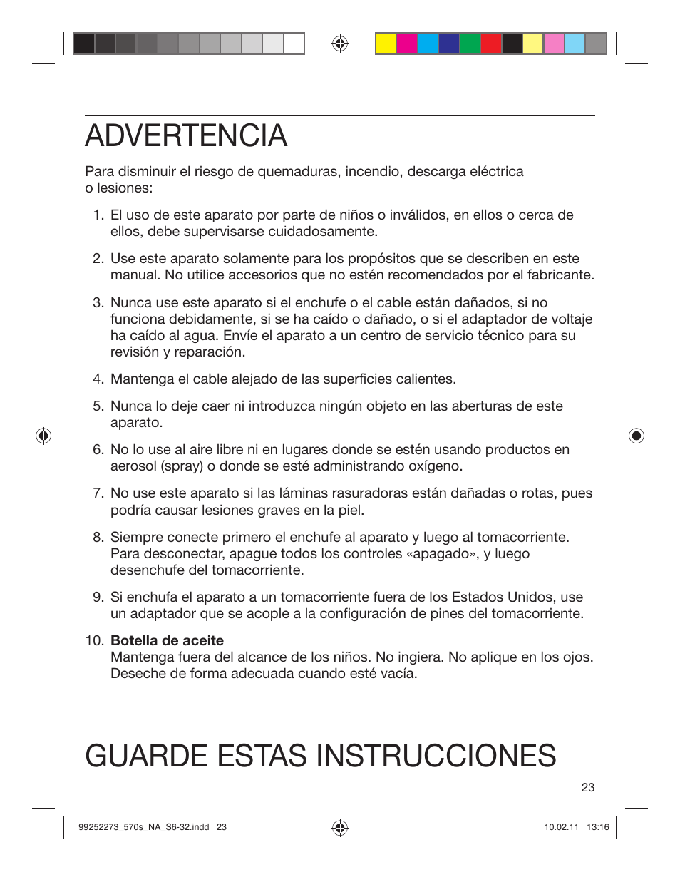 Advertencia, Guarde estas instrucciones | Braun 530s-4 Series 5 User Manual | Page 22 / 28