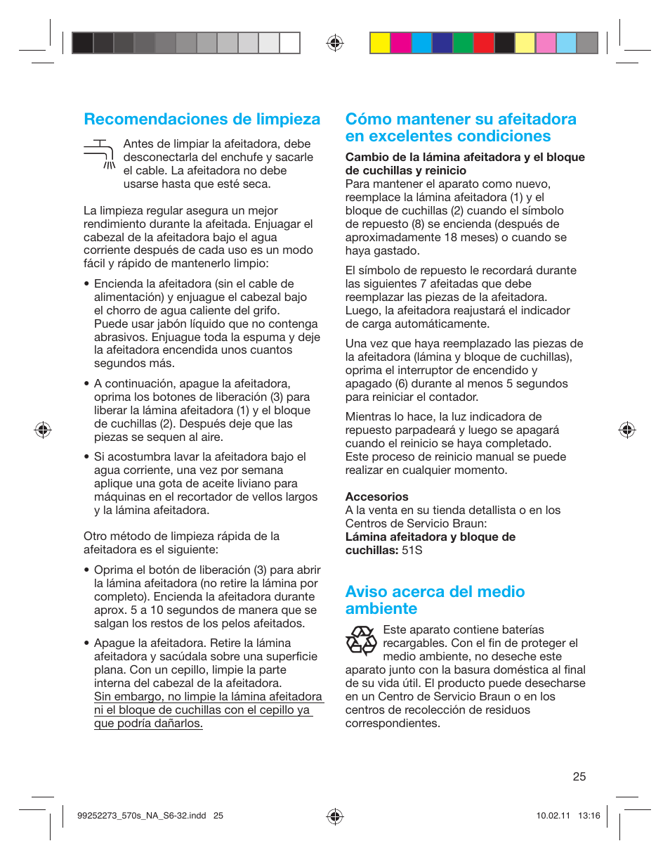 Recomendaciones de limpieza, Aviso acerca del medio ambiente | Braun 530s-4 Series 5 User Manual | Page 24 / 28