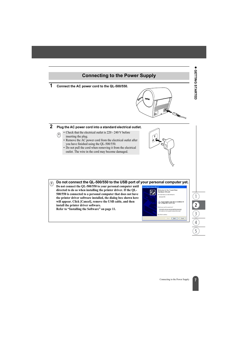 Connecting to the power supply | Brother QL-500A User Manual | Page 11 / 70
