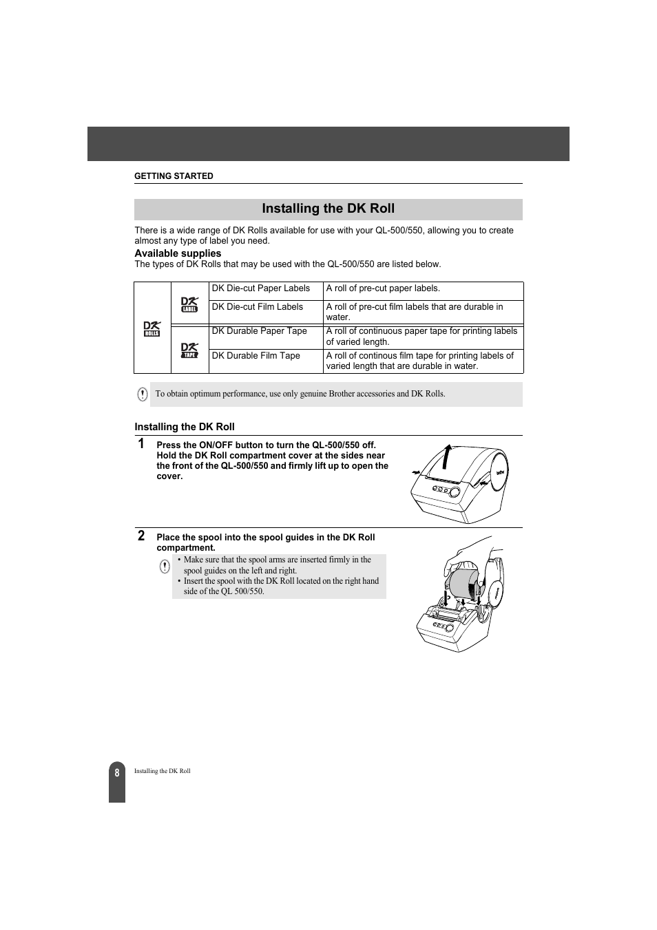 Installing the dk roll, Available supplies installing the dk roll | Brother QL-500A User Manual | Page 12 / 70