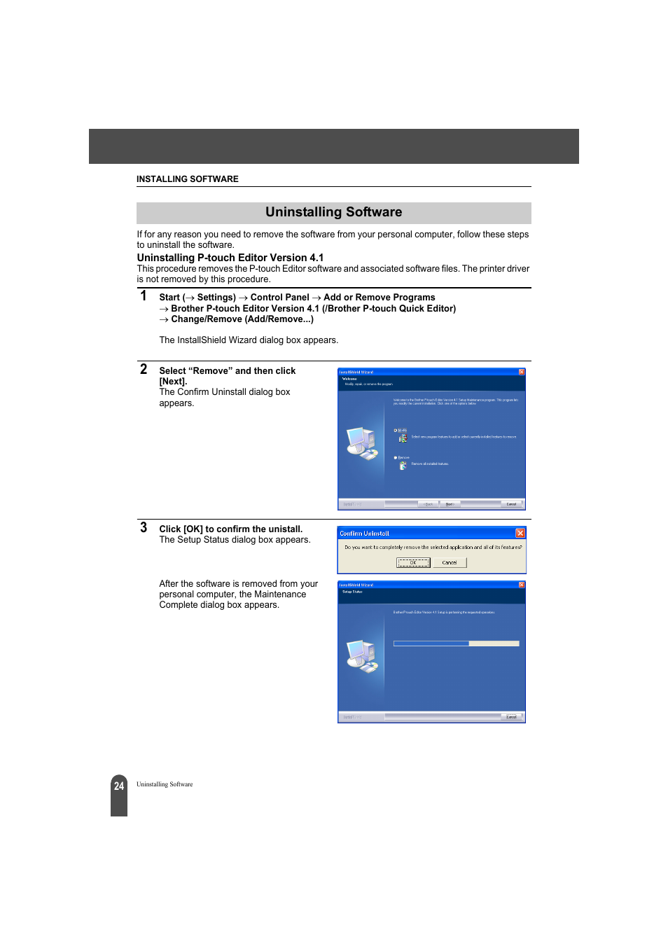 Uninstalling software, Uninstalling p-touch editor version 4.1 | Brother QL-500A User Manual | Page 28 / 70