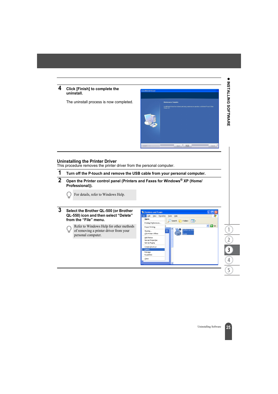 Uninstalling the printer driver | Brother QL-500A User Manual | Page 29 / 70