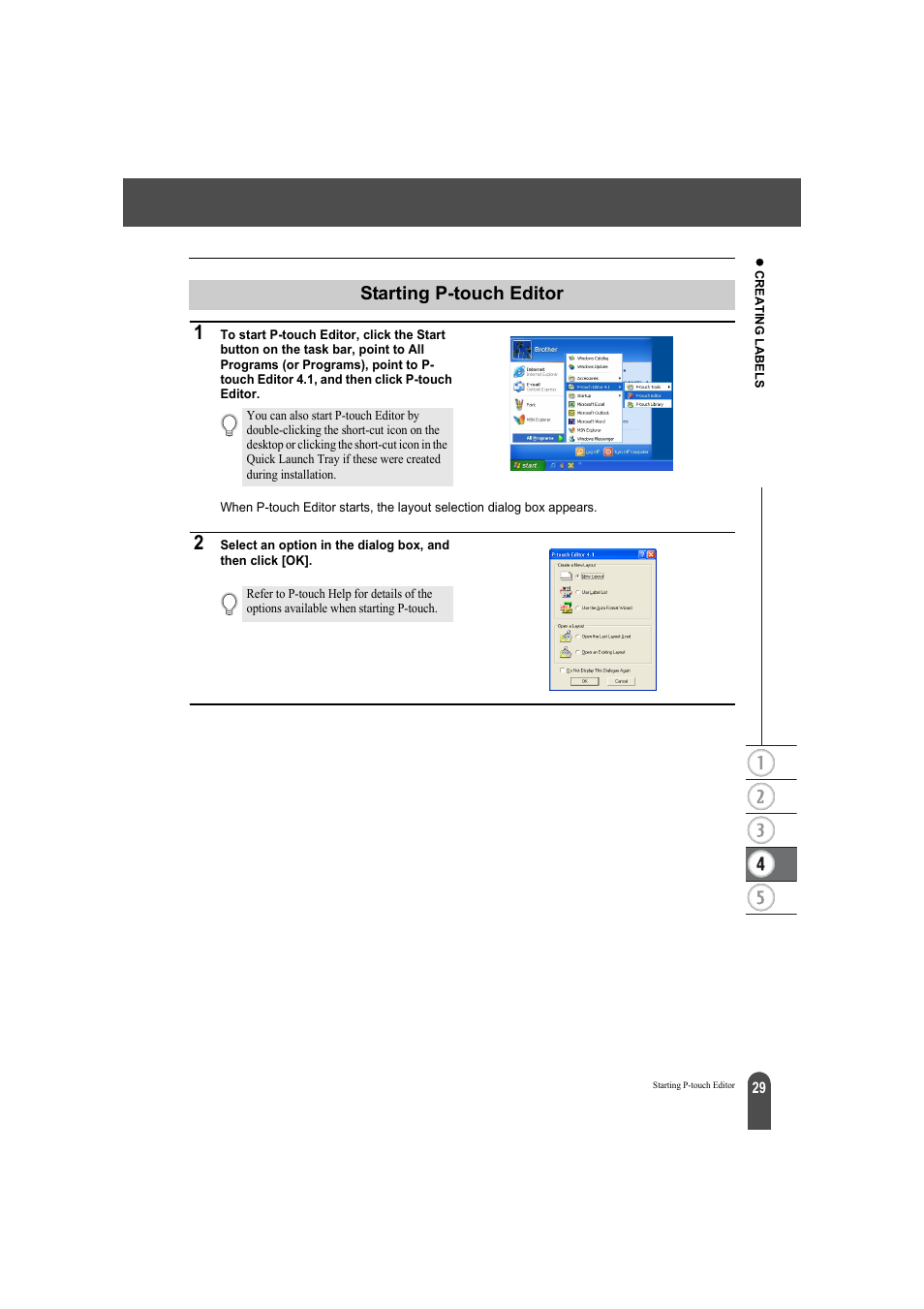 Starting p-touch editor, P. 29 or p | Brother QL-500A User Manual | Page 33 / 70