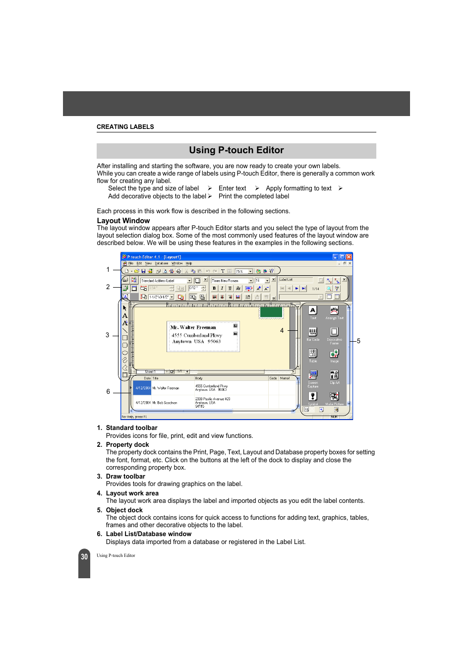 Using p-touch editor, Layout window | Brother QL-500A User Manual | Page 34 / 70