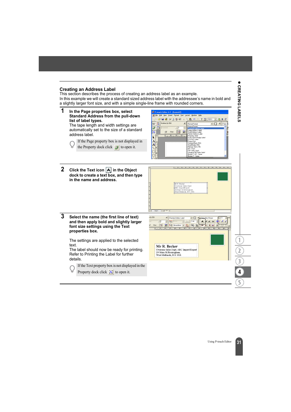 Creating an address label | Brother QL-500A User Manual | Page 35 / 70