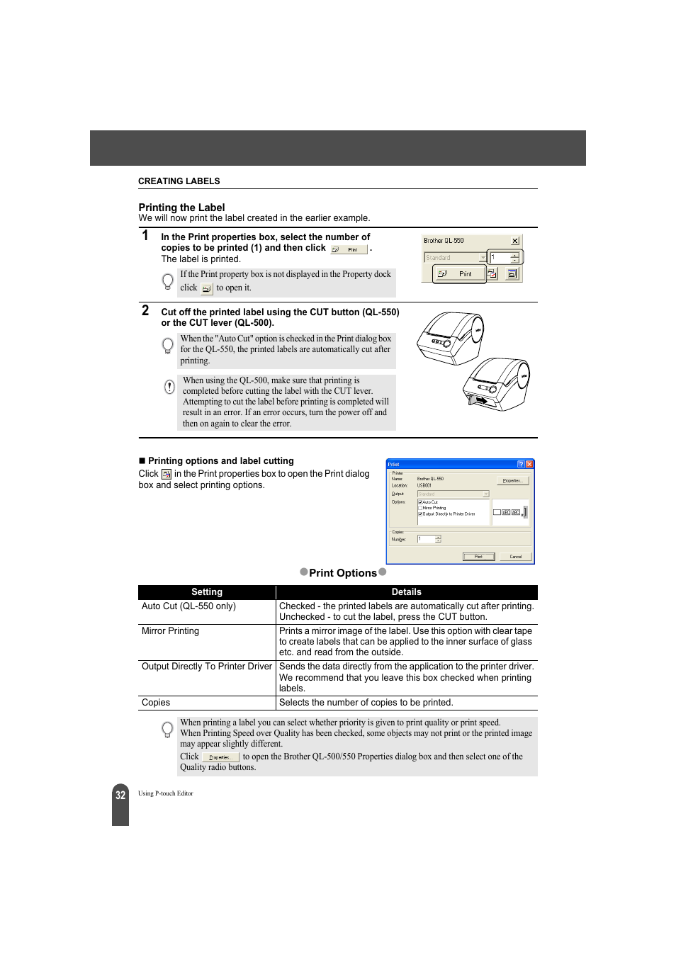 Print options, Printing the label, P. 32 | Brother QL-500A User Manual | Page 36 / 70