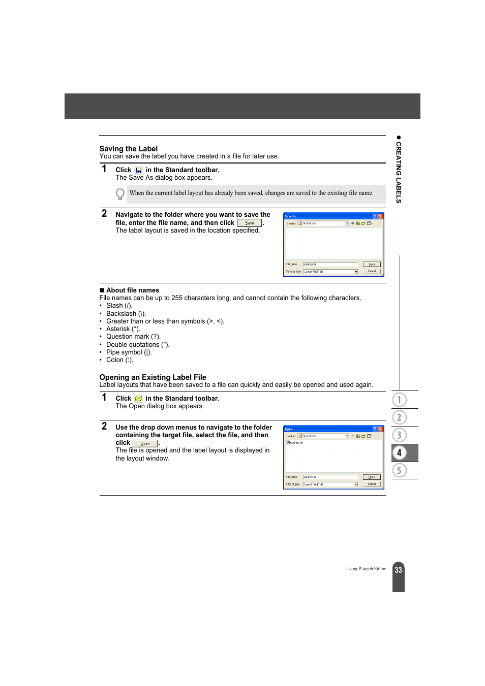 Saving the label opening an existing label file | Brother QL-500A User Manual | Page 37 / 70