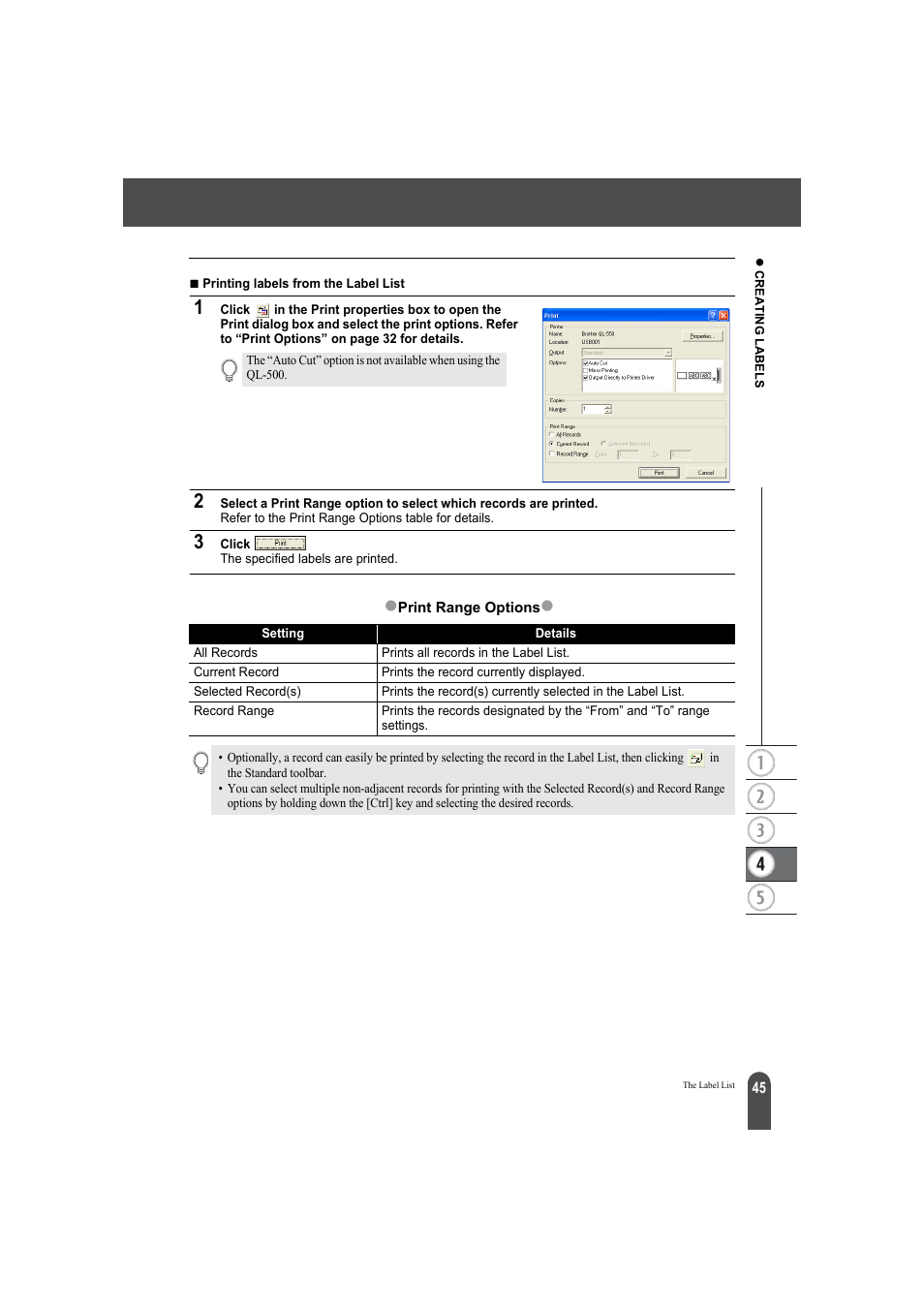 Print range options | Brother QL-500A User Manual | Page 49 / 70