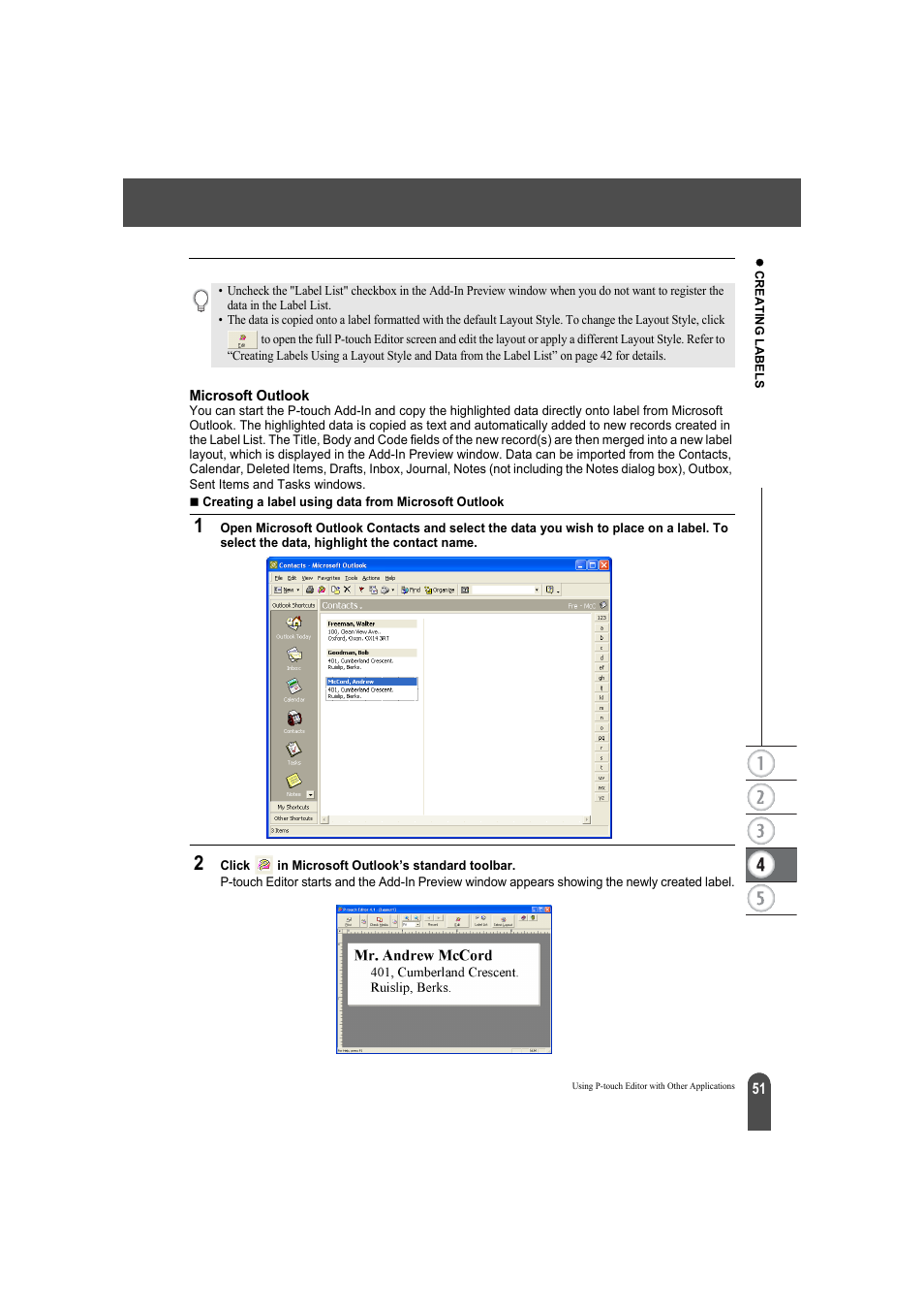 Microsoft outlook | Brother QL-500A User Manual | Page 55 / 70
