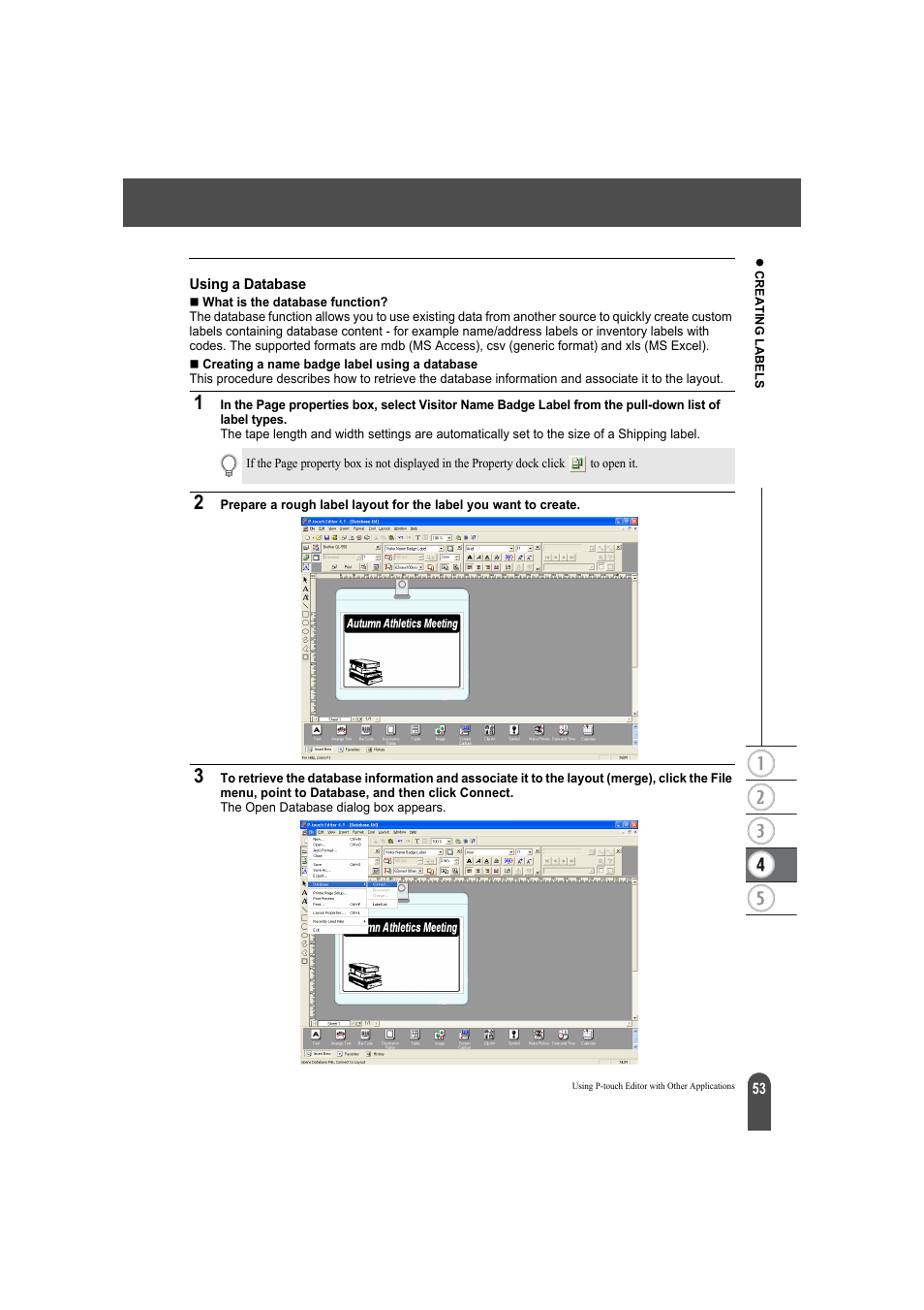 Using a database | Brother QL-500A User Manual | Page 57 / 70