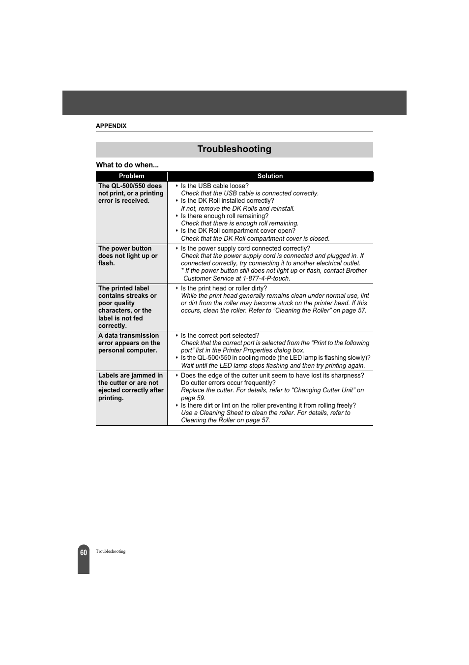 Troubleshooting, What to do when | Brother QL-500A User Manual | Page 64 / 70