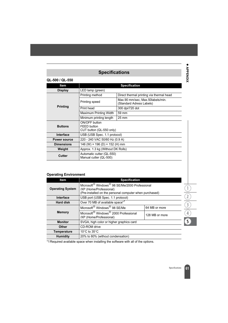 Specifications, Ql-500 / ql-550 operating environment | Brother QL-500A User Manual | Page 65 / 70