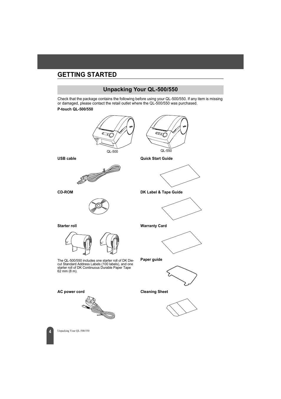 Getting started, Unpacking your ql-500/550 | Brother QL-500A User Manual | Page 8 / 70