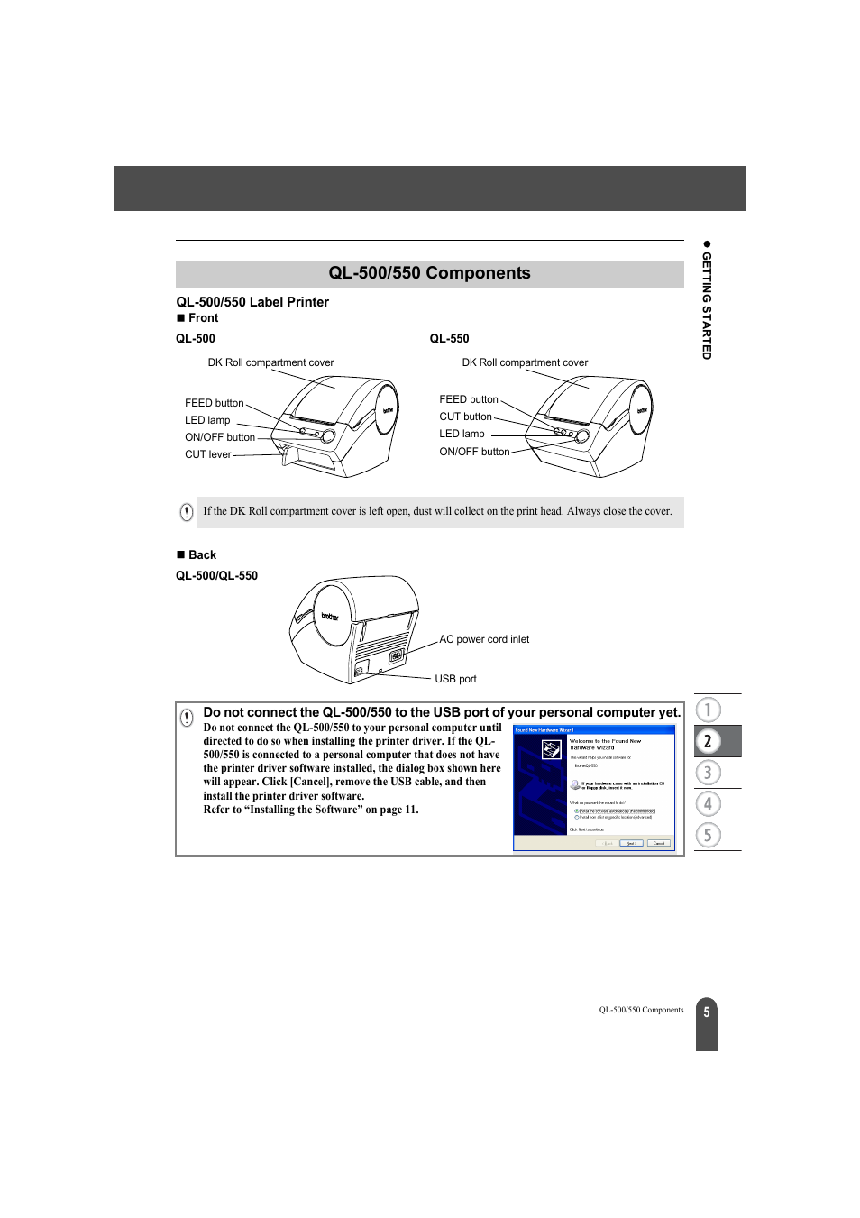 Ql-500/550 components, Ql-500/550 label printer | Brother QL-500A User Manual | Page 9 / 70