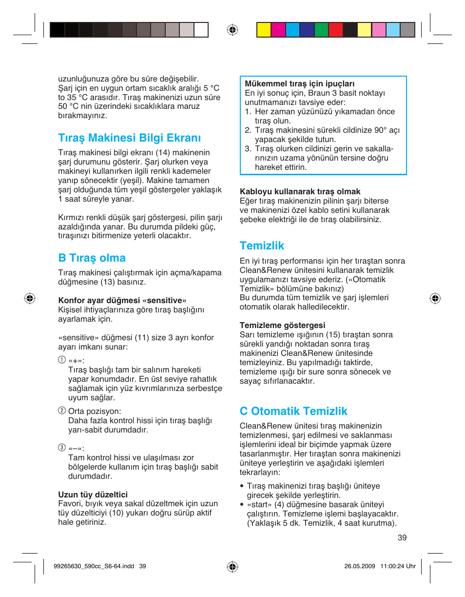 Tıraş makinesi bilgi ekranı, B tıraş olma, Temizlik | C otomatik temizlik | Braun 570cc-5751 Series 5 User Manual | Page 39 / 62