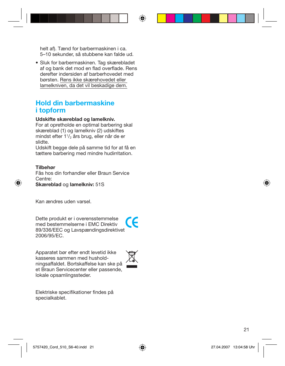 Hold din barbermaskine i topform | Braun 510 Series 5 User Manual | Page 20 / 35