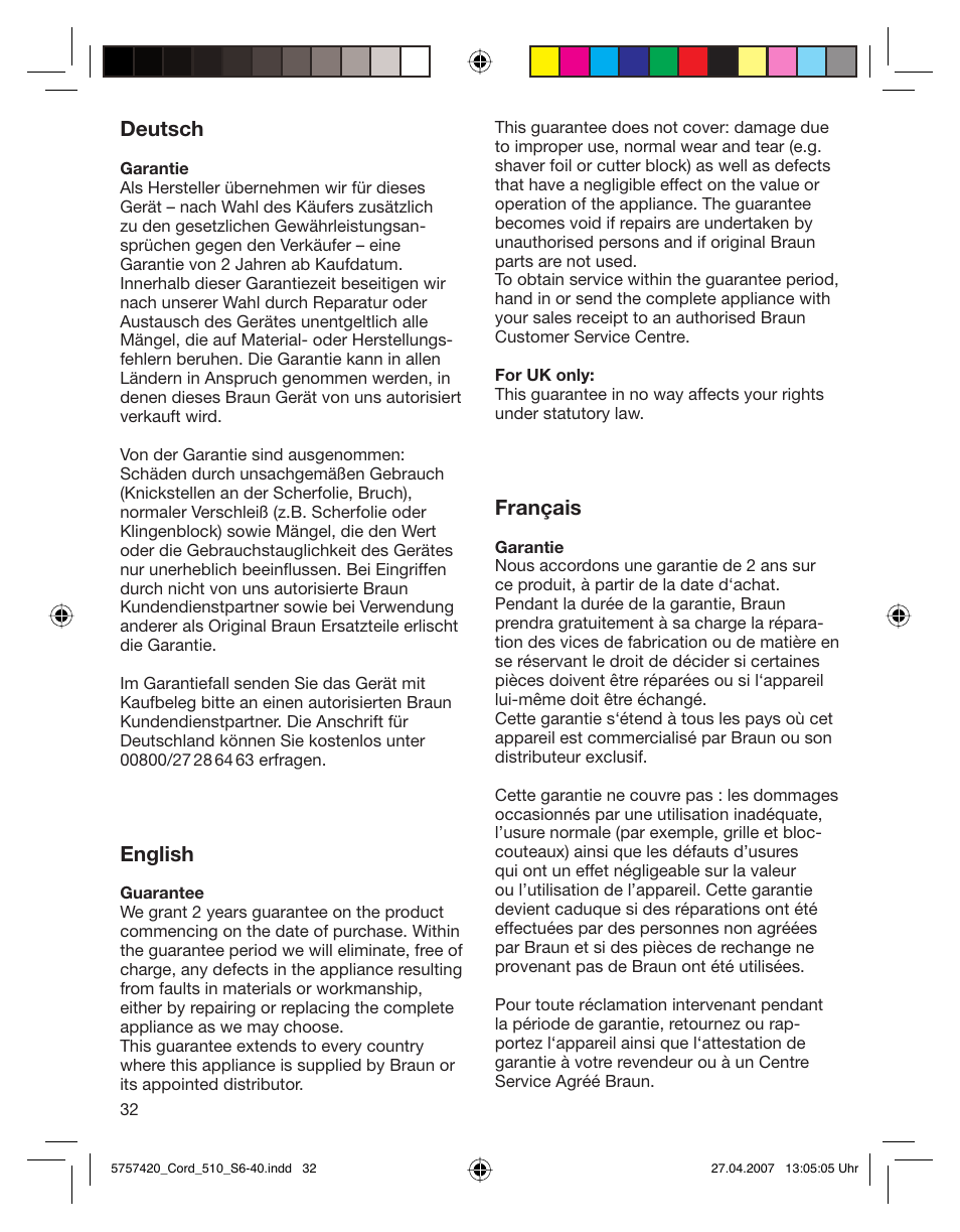 Deutsch, English, Français | Braun 510 Series 5 User Manual | Page 31 / 35