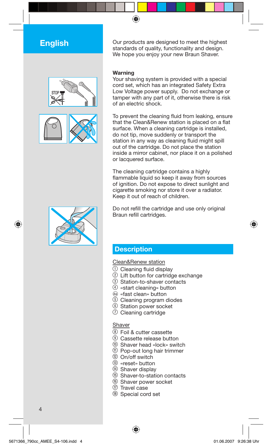 English, Description | Braun 790cc Series 7 User Manual | Page 4 / 104