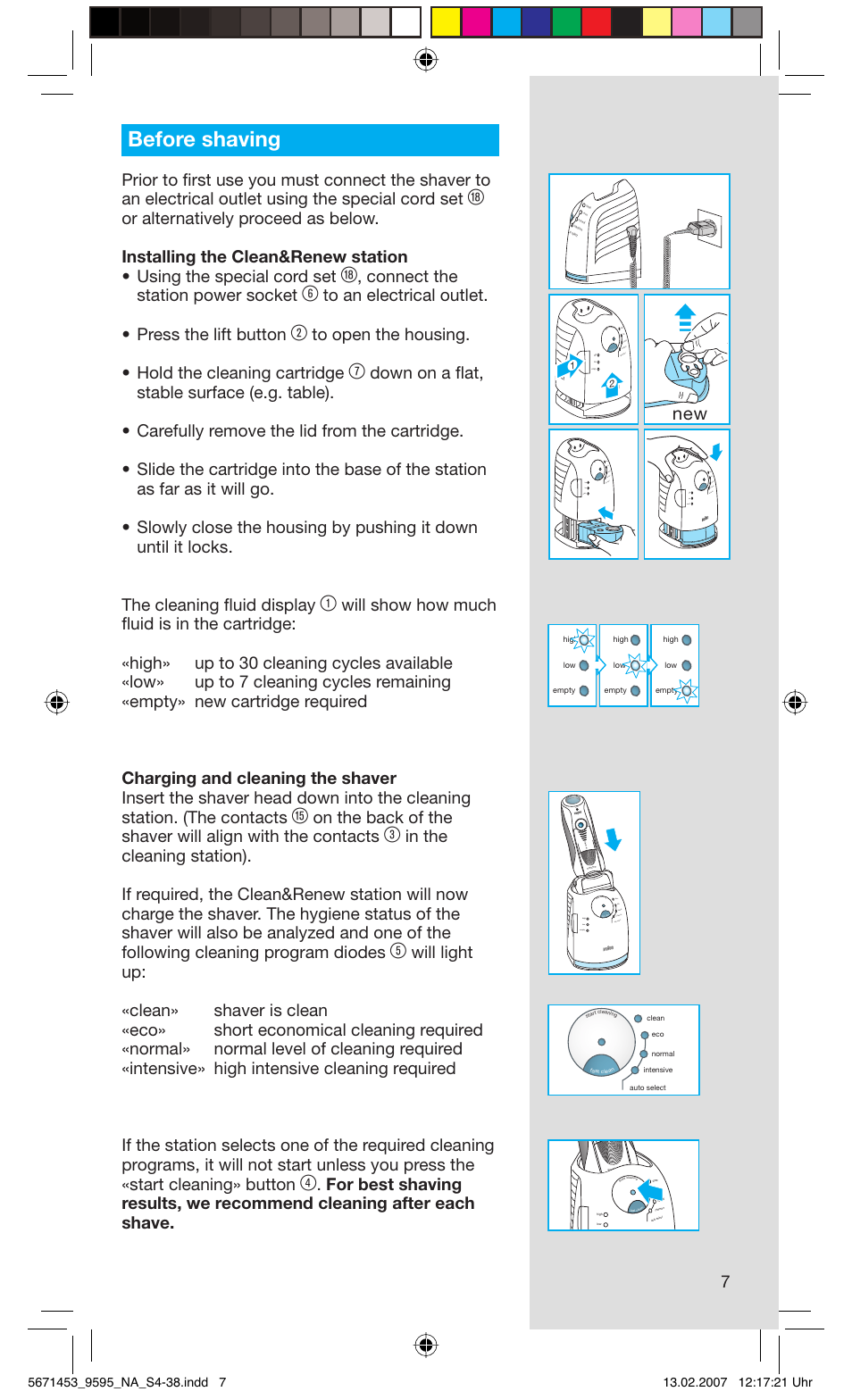 Before shaving, Connect the station power socket, Fast clean high clean | St cle an, Leaning, Rese t | Braun 9595 Pulsonic User Manual | Page 7 / 35