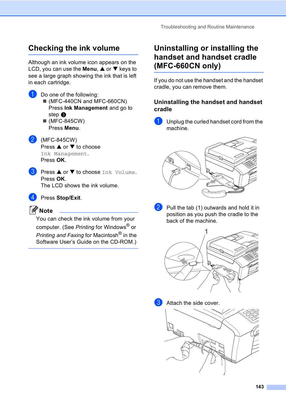 Checking the ink volume, Uninstalling the handset and handset cradle, Mfc-660cn only) | Brother MFC-440CN User Manual | Page 155 / 201