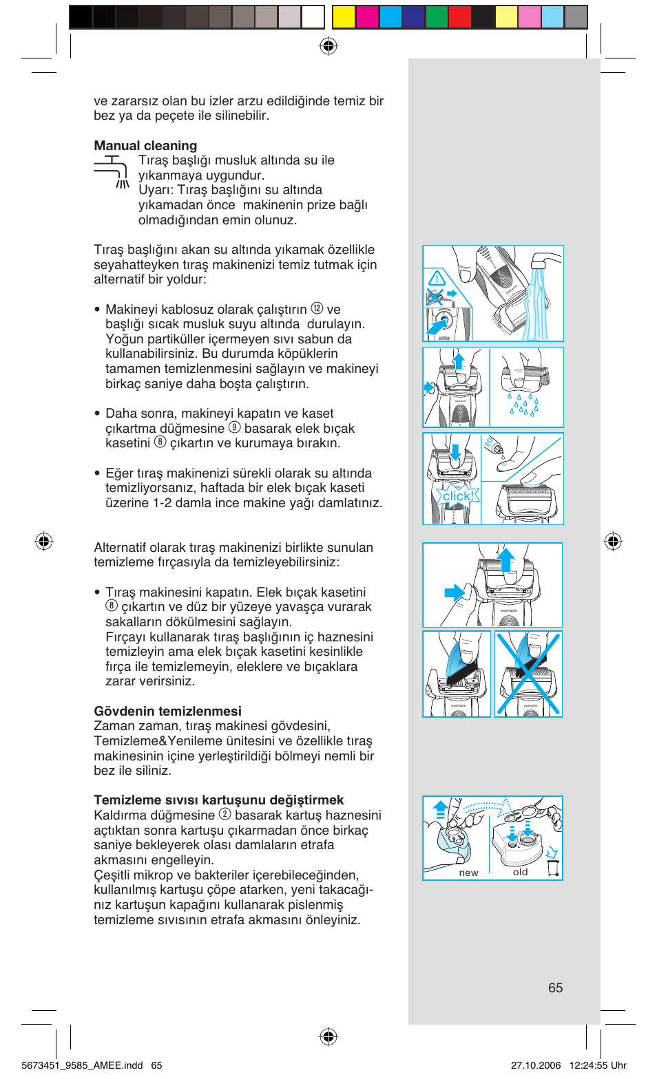 Basarak elek bıçak kasetini, Click | Braun 9585 Pulsonic User Manual | Page 65 / 94