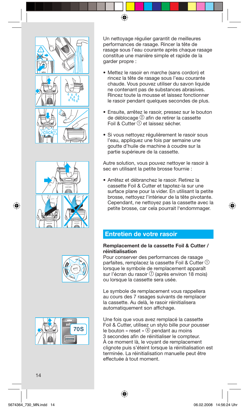 Entretien de votre rasoir, Afi n de retirer la cassette foil & cutter, Click | Braun 720 Series 7  FR User Manual | Page 14 / 59