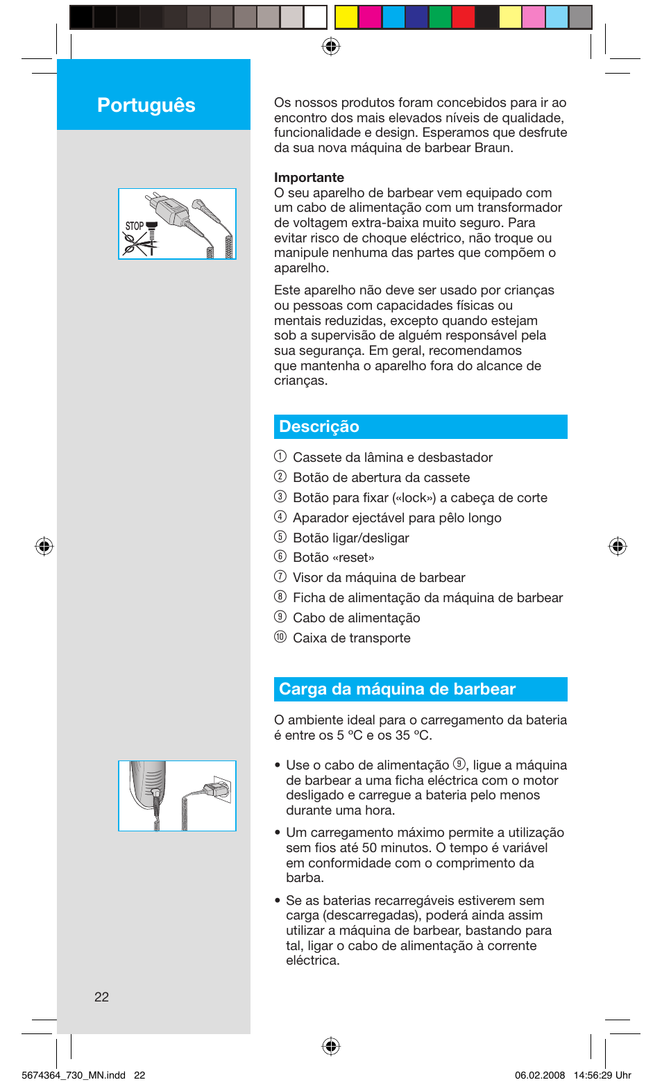 Português, Descrição 1, Carga da máquina de barbear | Braun 720 Series 7  FR User Manual | Page 22 / 59