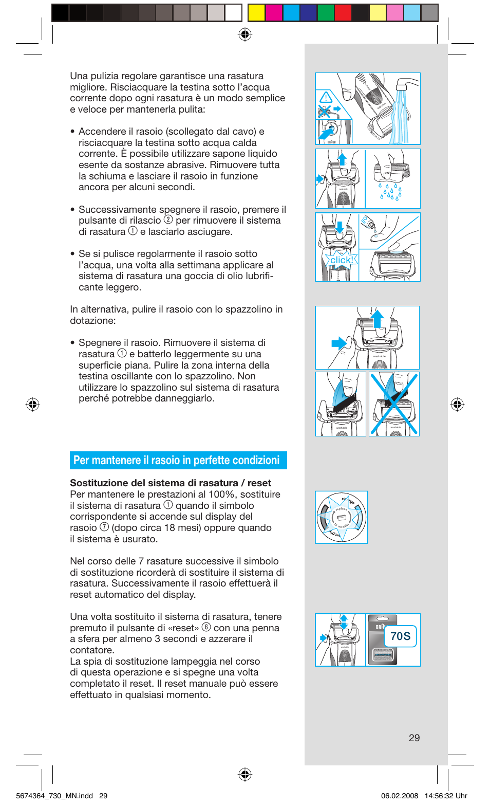 Per mantenere il rasoio in perfette condizioni, Per rimuovere il sistema di rasatura, Click | Braun 720 Series 7  FR User Manual | Page 29 / 59