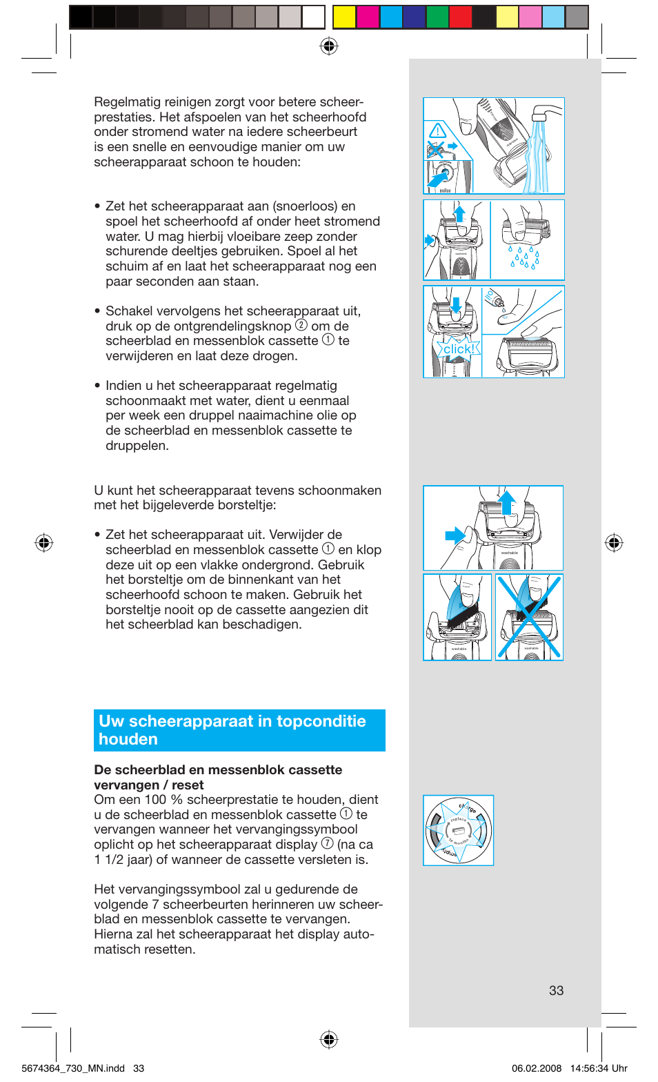 Uw scheerapparaat in topconditie houden, Om de scheerblad en messenblok cassette, Click | Braun 720 Series 7  FR User Manual | Page 33 / 59