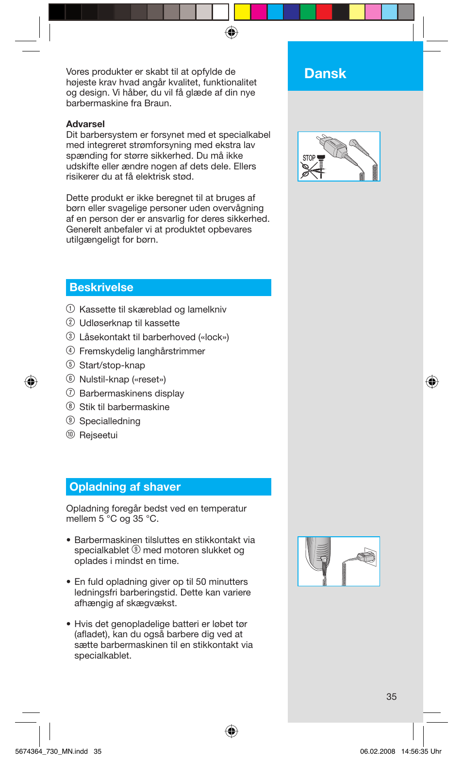 Dansk, Beskrivelse 1, Opladning af shaver | Braun 720 Series 7  FR User Manual | Page 35 / 59