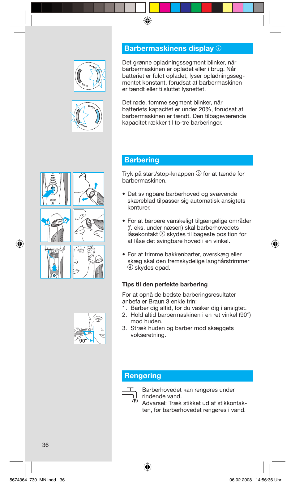 Barbermaskinens display 7, Barbering, Rengøring | Tryk på start/stop-knappen | Braun 720 Series 7  FR User Manual | Page 36 / 59