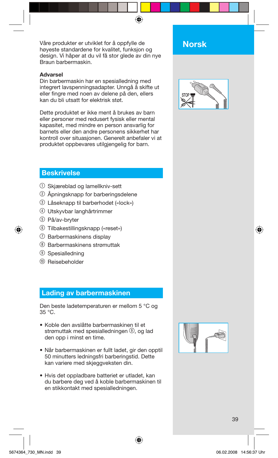 Norsk, Beskrivelse 1, Lading av barbermaskinen | Braun 720 Series 7  FR User Manual | Page 39 / 59