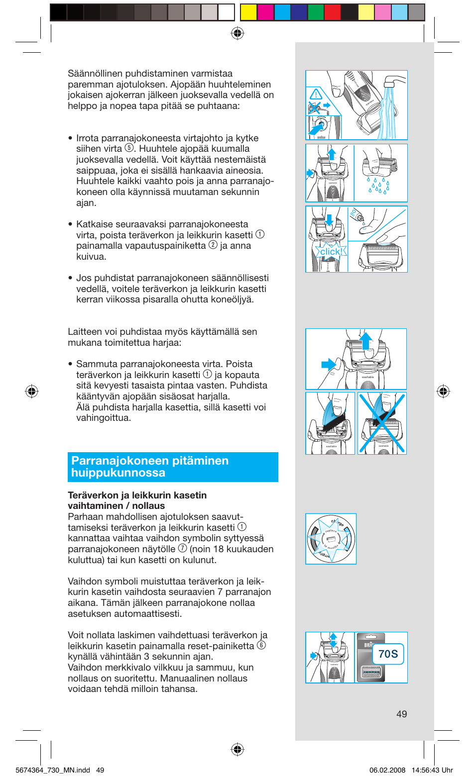 Parranajokoneen pitäminen huippukunnossa, Painamalla vapautuspainiketta, Click | Braun 720 Series 7  FR User Manual | Page 49 / 59