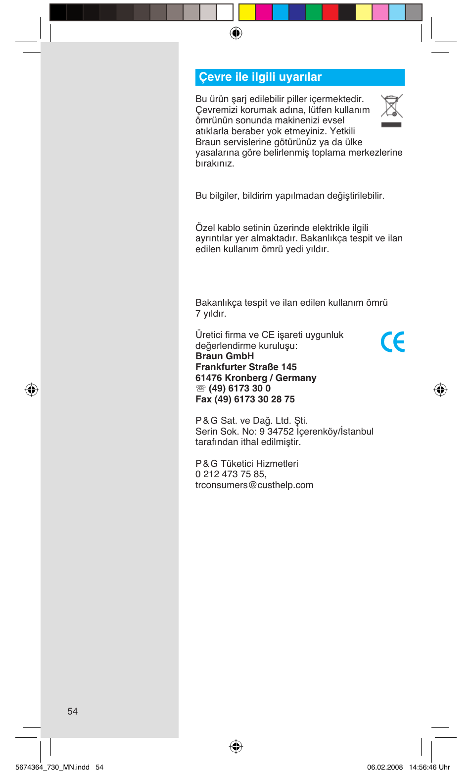 Çevre ile ilgili uyarılar | Braun 720 Series 7  FR User Manual | Page 54 / 59