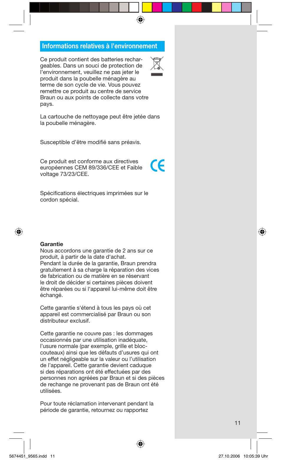 Informations relatives à l’environnement | Braun 9565 Pulsonic User Manual | Page 11 / 61