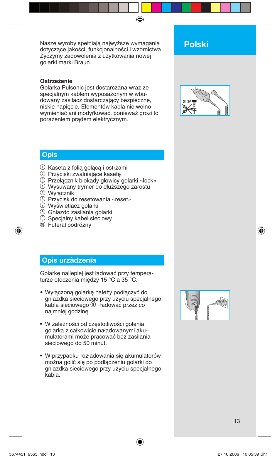 Polski, Opis 1, Opis urzàdzenia | Braun 9565 Pulsonic User Manual | Page 13 / 61