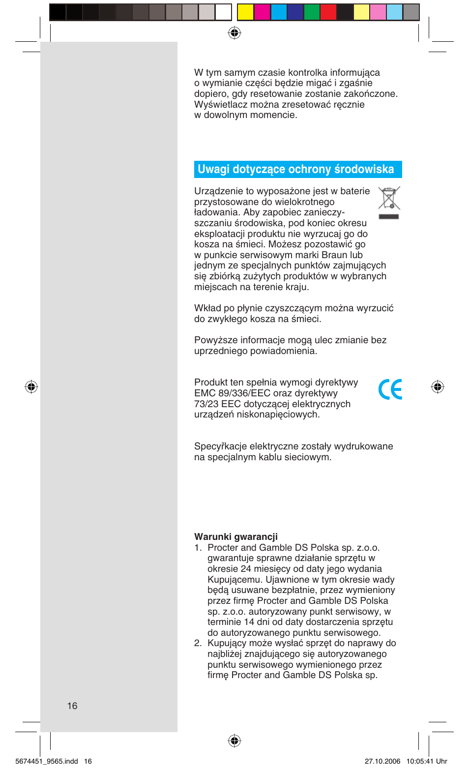 Uwagi dotyczàce ochrony êrodowiska | Braun 9565 Pulsonic User Manual | Page 16 / 61