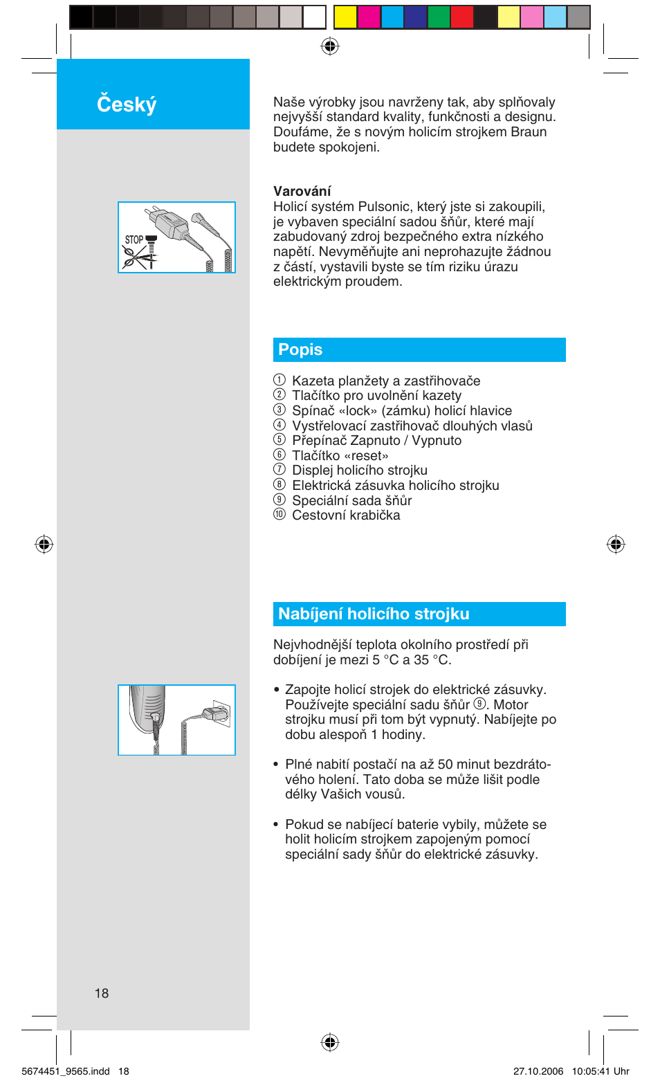 Âesk, Popis 1, Nabíjení holicího strojku | Braun 9565 Pulsonic User Manual | Page 18 / 61