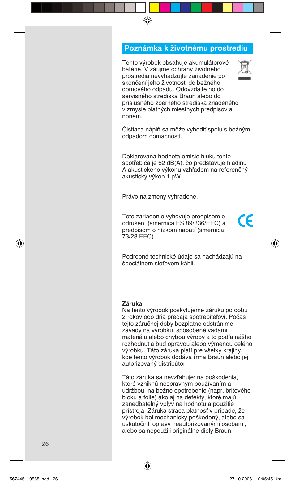 Poznámka k ïivotnému prostrediu | Braun 9565 Pulsonic User Manual | Page 26 / 61