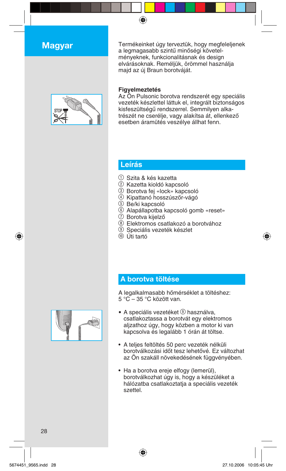 Magyar, Leírás 1, A borotva töltése | Braun 9565 Pulsonic User Manual | Page 28 / 61