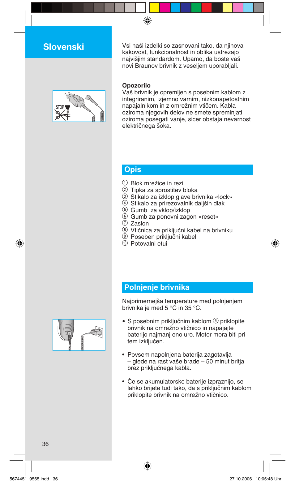 Slovenski, Opis 1, Polnjenje brivnika | Braun 9565 Pulsonic User Manual | Page 36 / 61