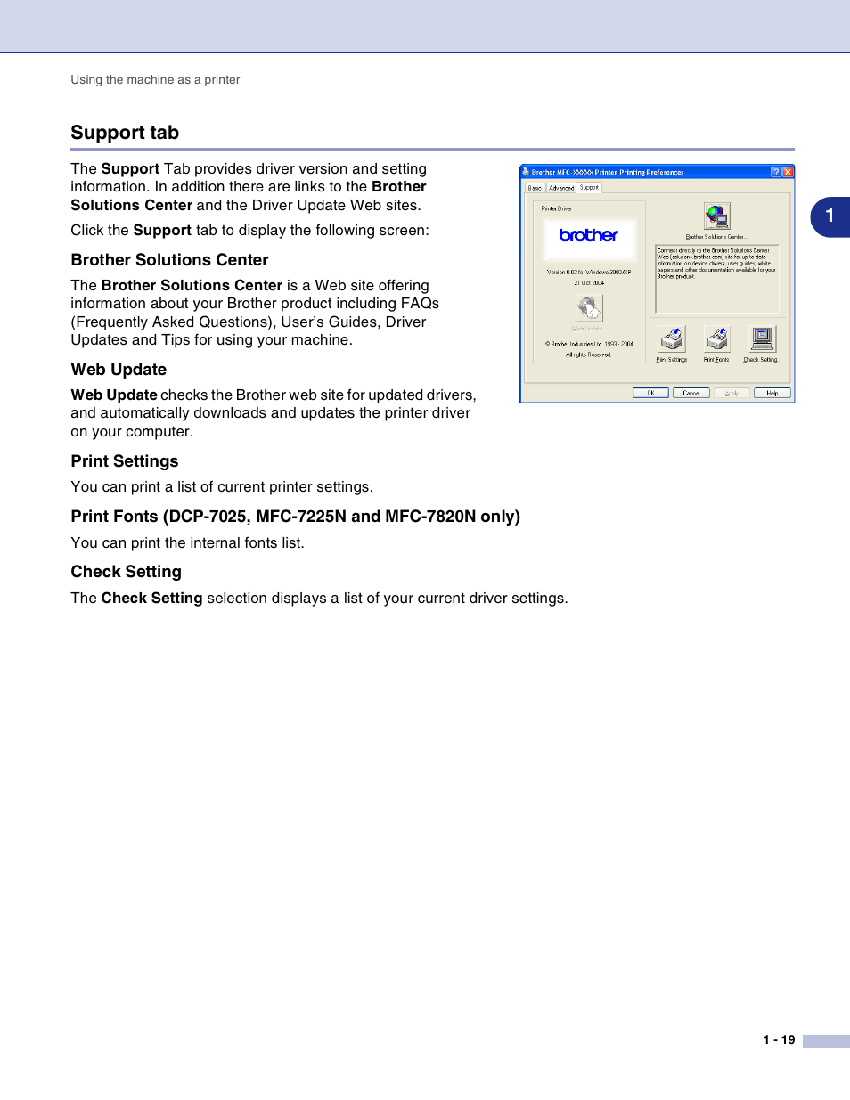 Support tab, Brother solutions center, Web update | Print settings, Check setting, Support tab -19, 1support tab | Brother DCP-7010L User Manual | Page 24 / 117