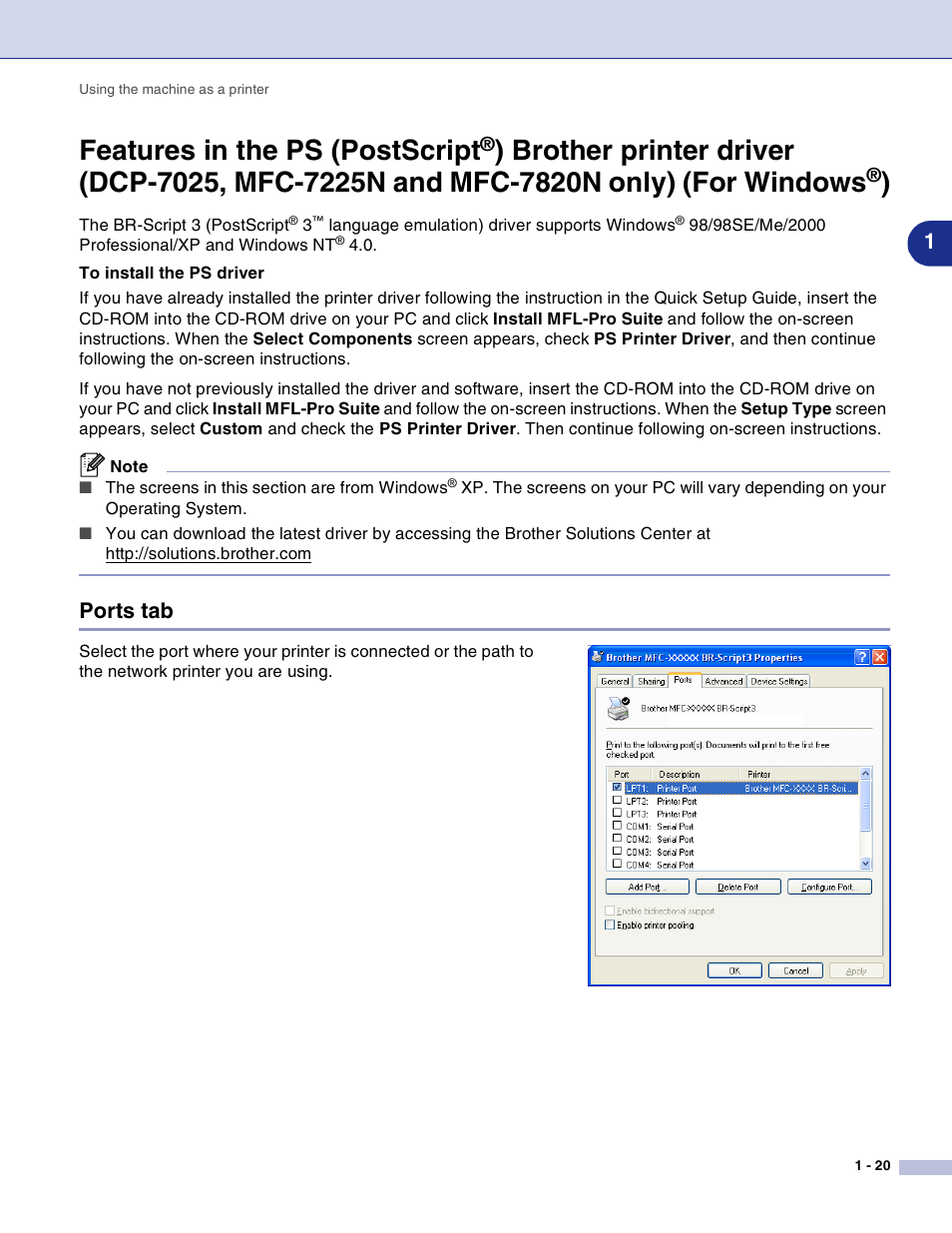 Ports tab, Features in the ps (postscript, Brother printer driver | Ports tab -20 | Brother DCP-7010L User Manual | Page 25 / 117