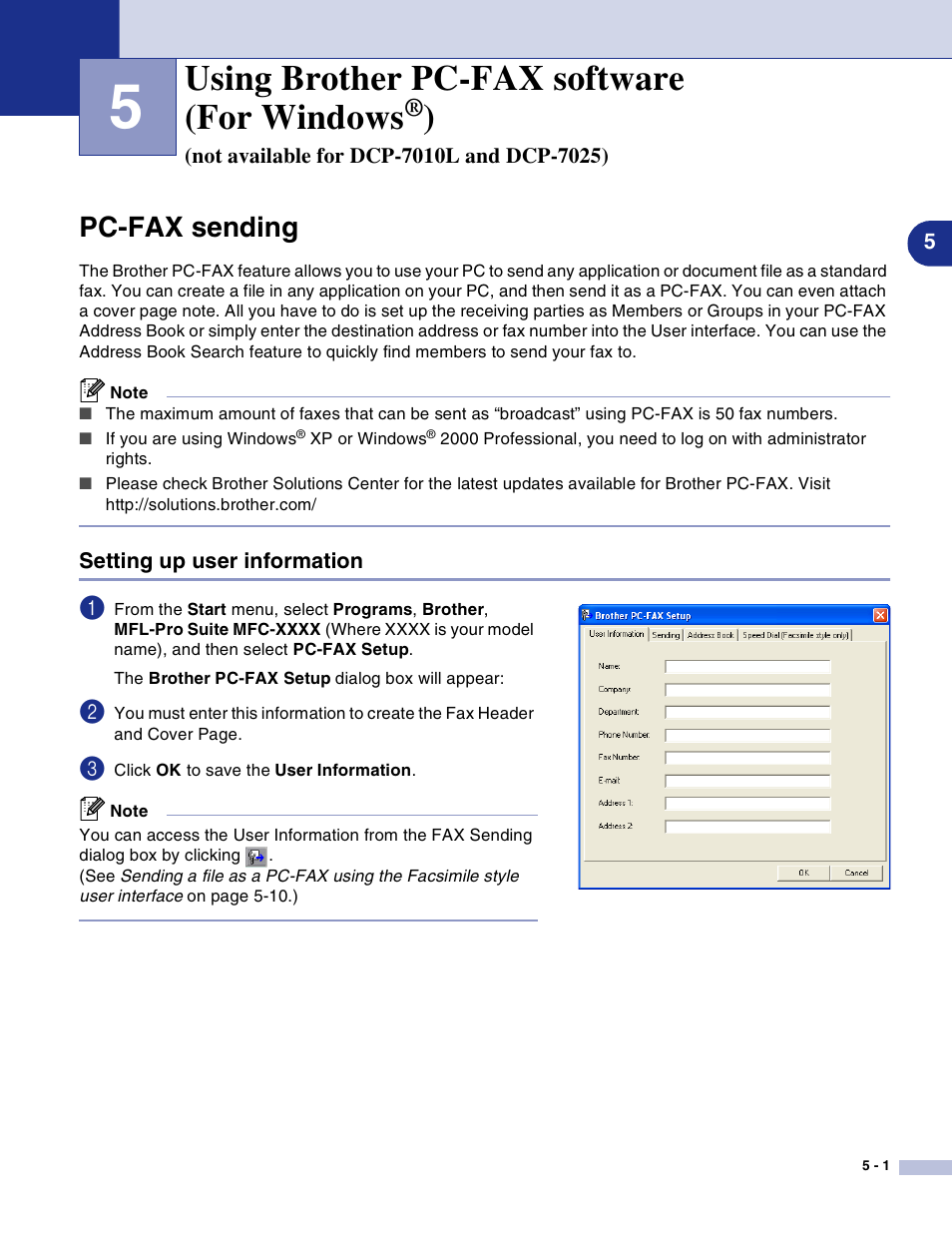 Pc-fax sending, Setting up user information, Using brother pc-fax software (for windows | Not available for dcp-7010l and dcp-7025), Pc-fax sending -1, Setting up user information -1 | Brother DCP-7010L User Manual | Page 61 / 117