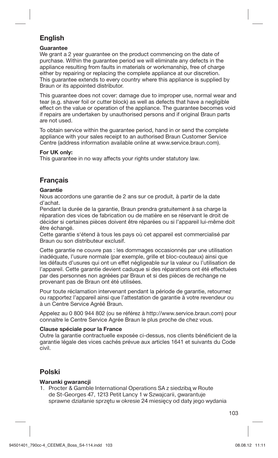 English, Français, Polski | Braun 790cc-4 Series 7  RU User Manual | Page 103 / 110