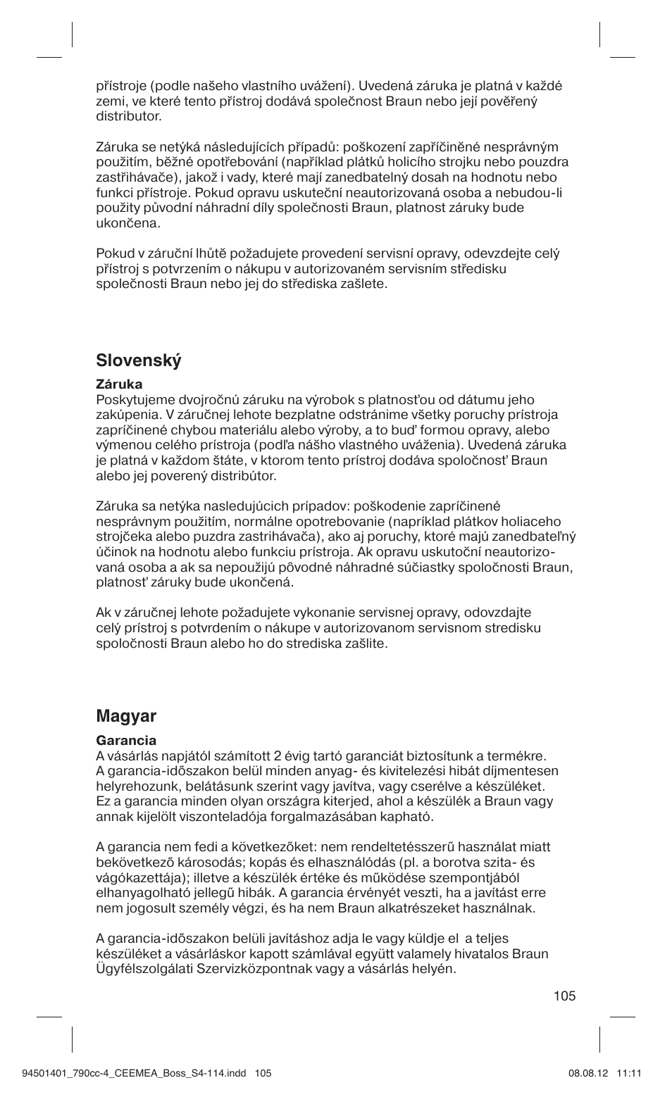 Slovensk, Magyar | Braun 790cc-4 Series 7  RU User Manual | Page 105 / 110