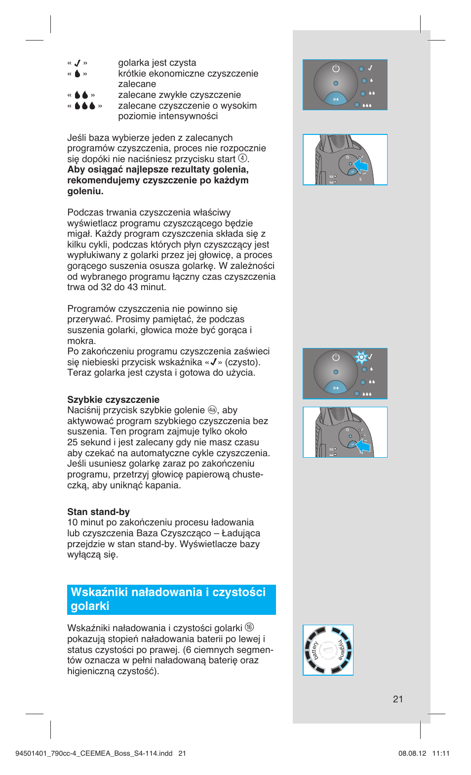 Wskaźniki naładowania i czystości golarki | Braun 790cc-4 Series 7  RU User Manual | Page 21 / 110