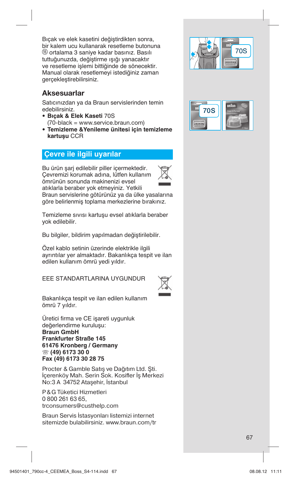 Aksesuarlar, Çevre ile ilgili uyarılar | Braun 790cc-4 Series 7  RU User Manual | Page 67 / 110