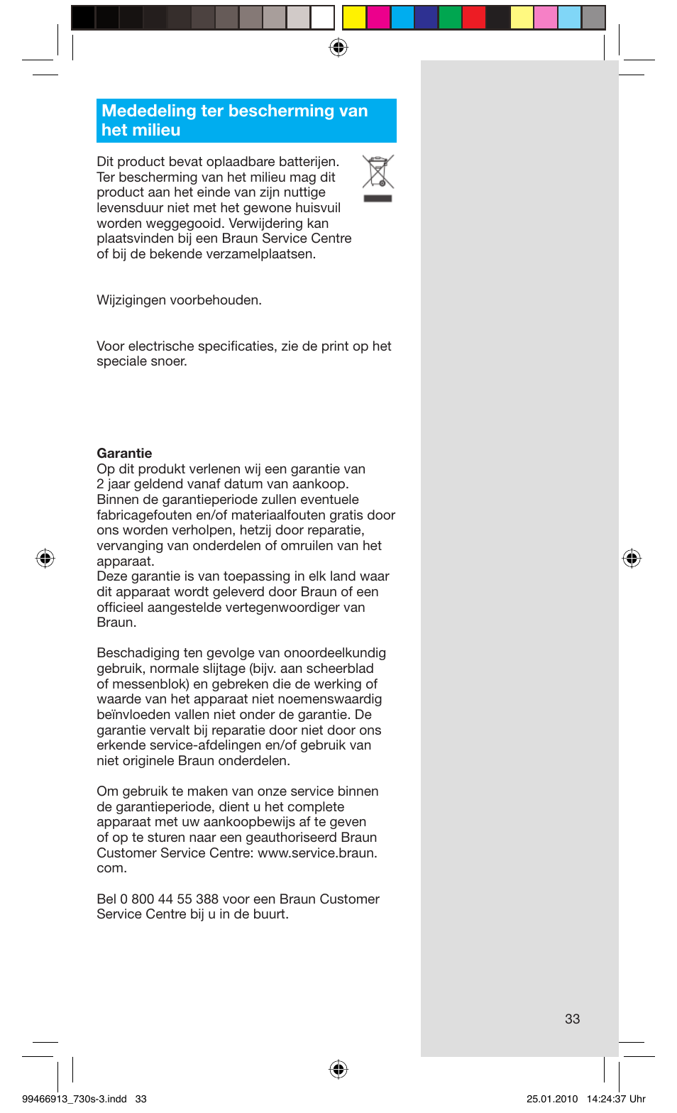 Mededeling ter bescherming van het milieu | Braun 730s-3 Series 7 User Manual | Page 33 / 63