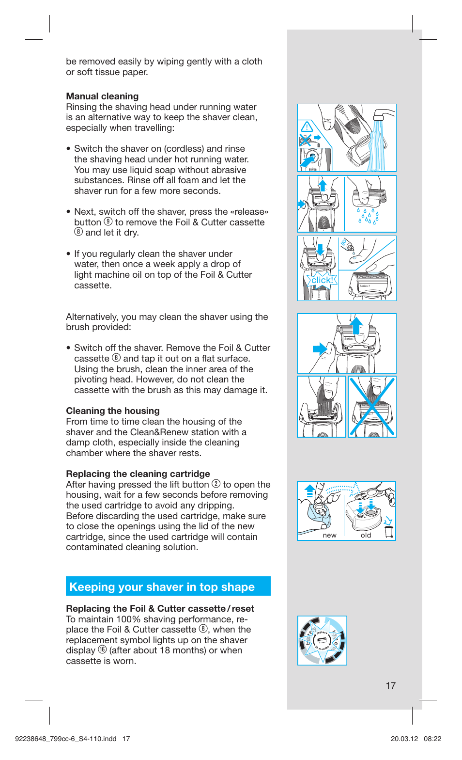 Keeping your shaver in top shape, After about 18 months) or when cassette is worn, Click | Braun 799cc-6 Wet & Dry, Series 7 User Manual | Page 17 / 107